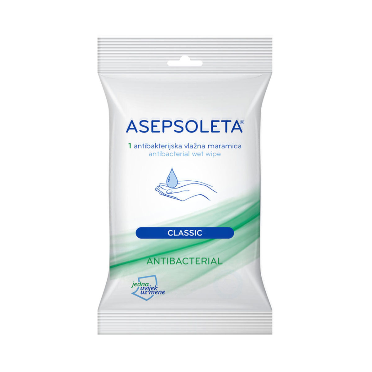 ASEPSOLETA CLASSIC, 5 pojedinačno pakiranih antibakterijskih vlažnih maramica.